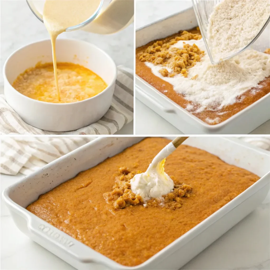 Pumpkin Dump Cake – Easy Fall Dessert with Warm Spices 7 steps preparation of pumpkin dump cake from mixing to baking