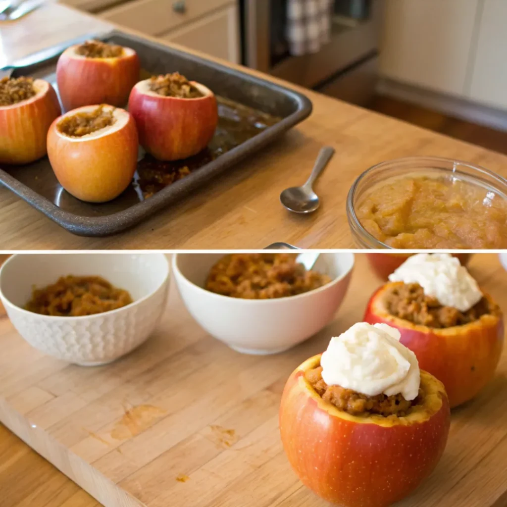 Step-by-step process of baking pumpkin pie stuffed apples with whipped cream topping