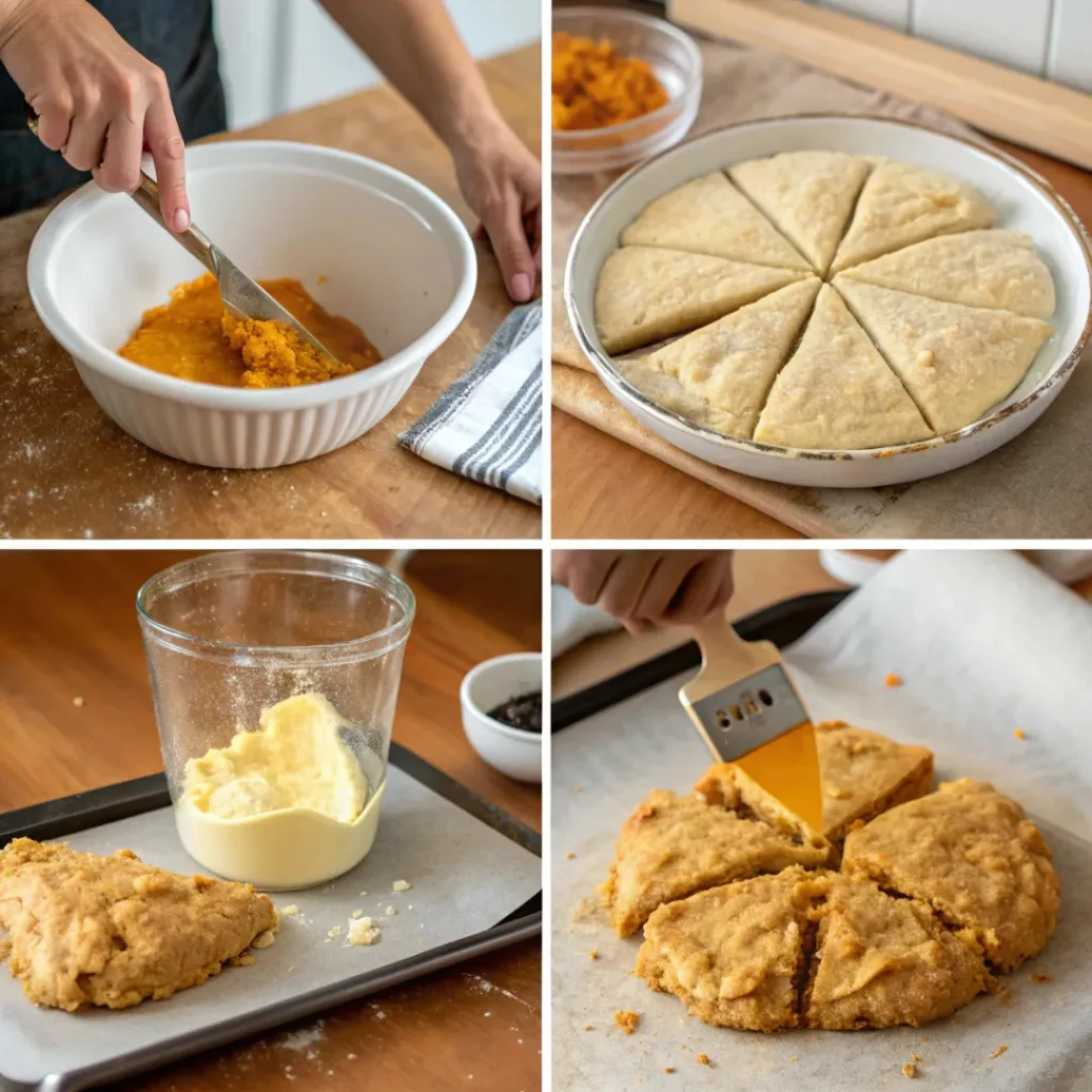 Step-by-step process of baking pumpkin scones with espresso glaze