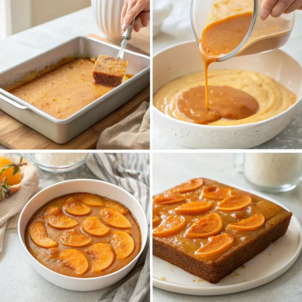 Step-by-step preparation of pumpkin upside down cake from caramelizing pumpkin to baking