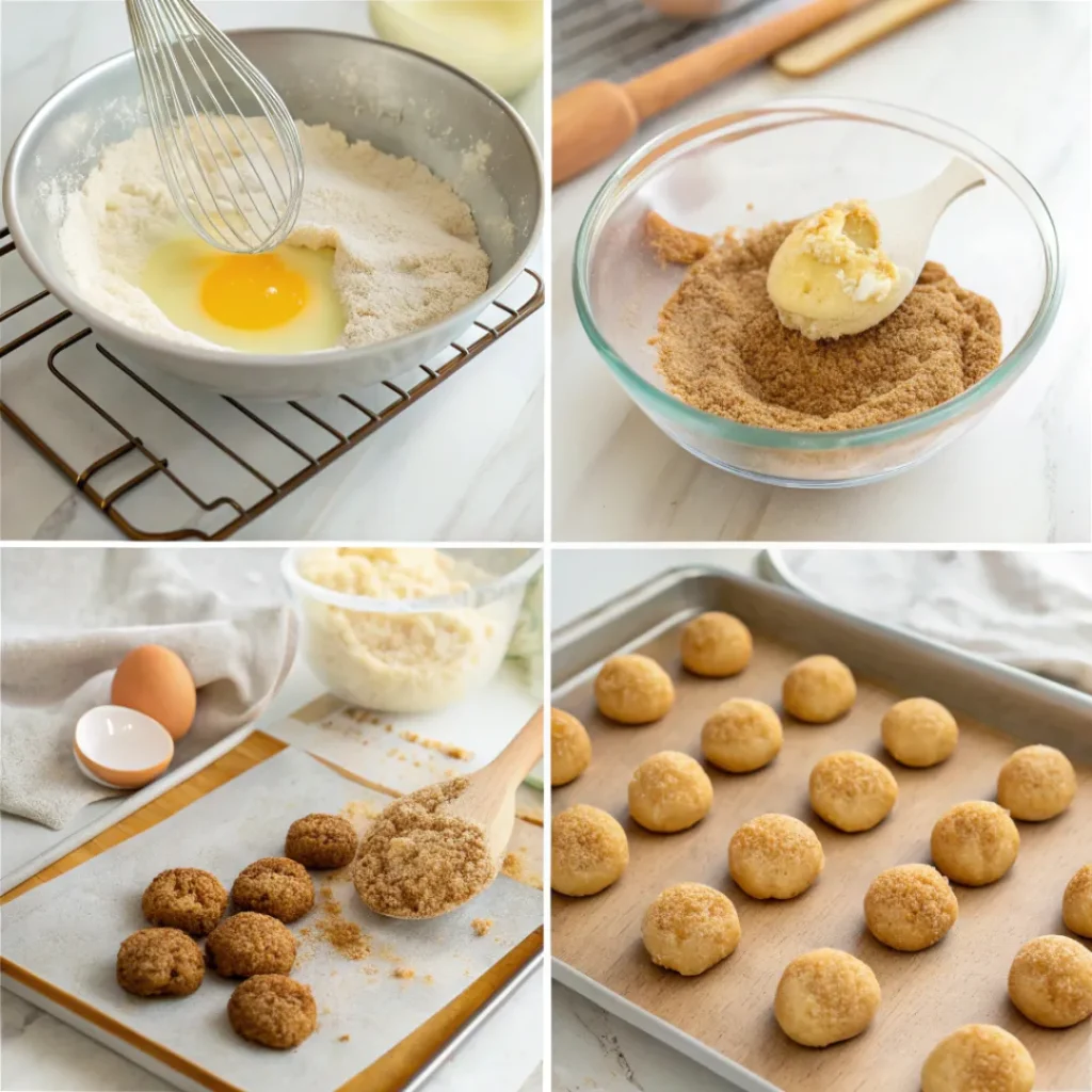 Step-by-step process of making snickerdoodle cookies from dough to baking