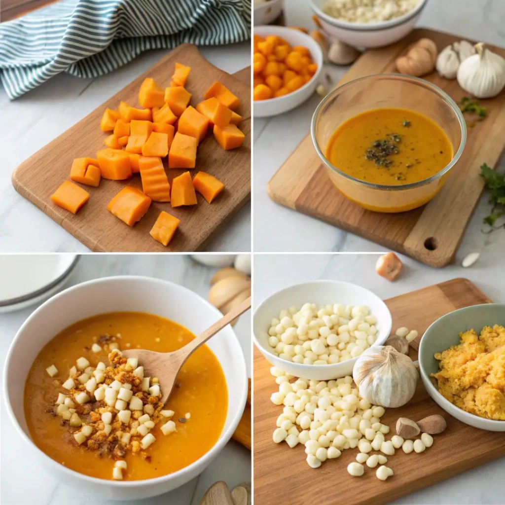 Spicy Honeynut Squash Soup with Buttered Popcorn – Cozy Fall Comfort Food 7 Step-by-step process of making spicy honeynut squash soup with popcorn topping
