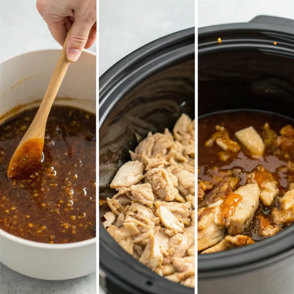 Crockpot Teriyaki Chicken – Easy Slow Cooker Favorite 7 Process collage of crockpot teriyaki chicken preparation