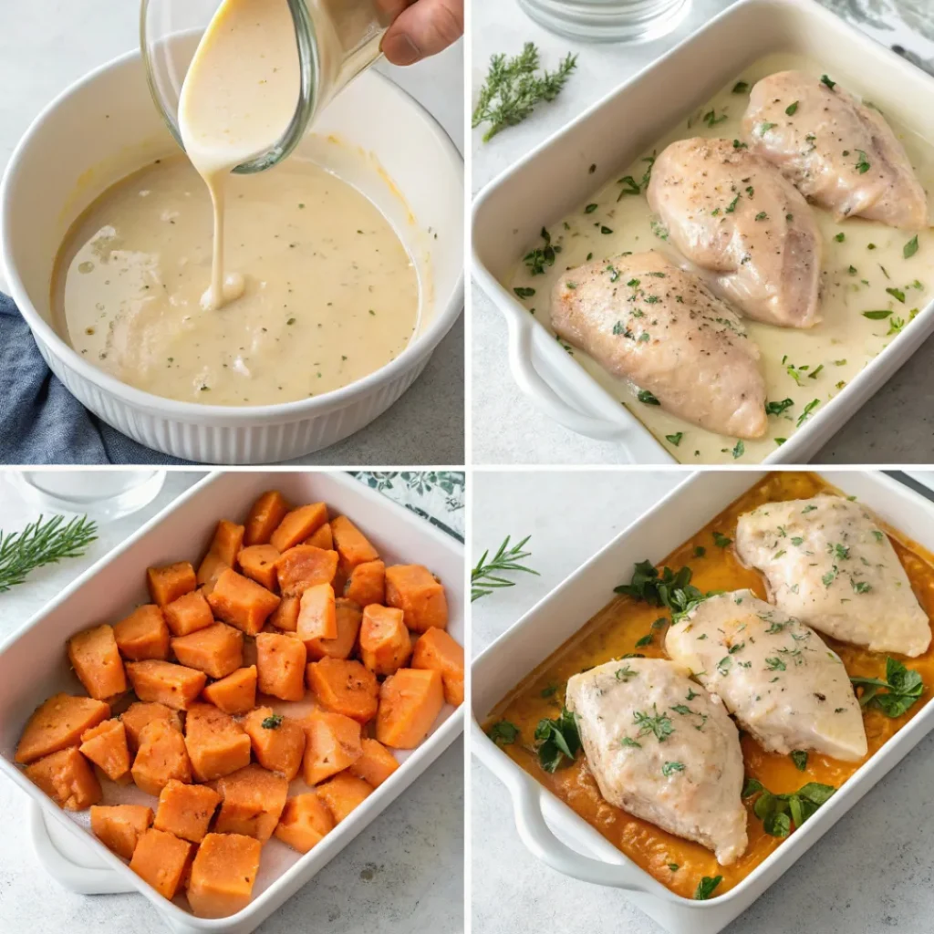Baked Chicken with Sweet Potatoes – Easy Sheet Pan Recipe 7 Steps Creamy Baked Chicken with Sweet Potatoes