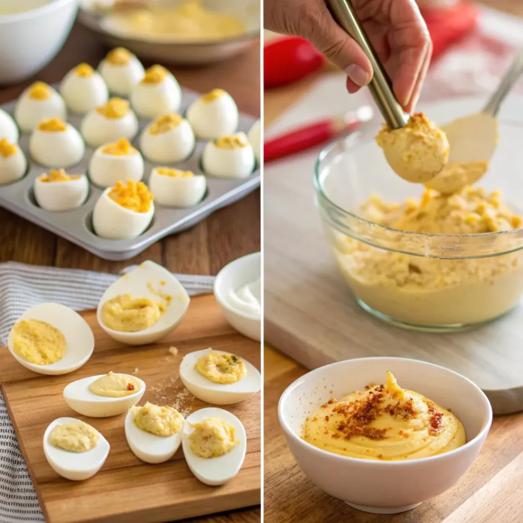 Deviled Eggs – Classic and Crowd-Pleasing Appetizer 7 Collage showing slicing eggs, mixing yolk filling, and garnishing deviled eggs