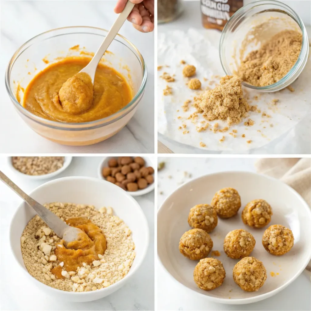Healthy Pumpkin Protein Energy Balls 7 steps preparation of pumpkin protein energy balls from mixing to rolling