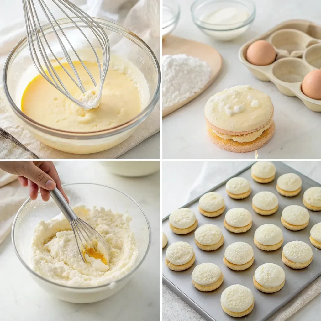 Homemade Macarons - Perfectly Light and Crispy French Treats 7 Step-by-step collage showing macaron batter preparation, baking, and assembly