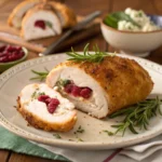Stuffed Chicken Breast with Cranberries and Goat Cheese 9 Golden brown stuffed chicken breast sliced to reveal cranberry and goat cheese filling