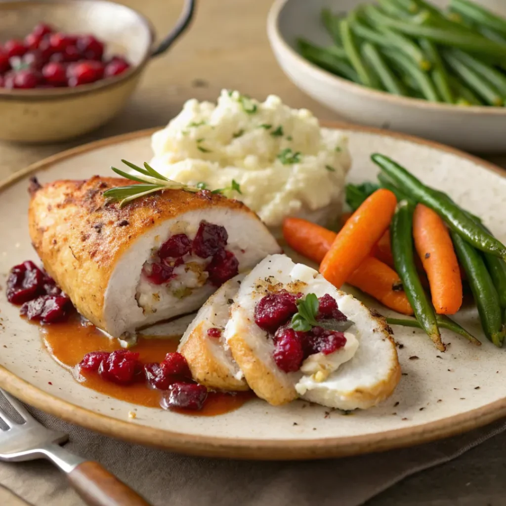 Stuffed Chicken Breast with Cranberries and Goat Cheese 8 Cranberry and goat cheese stuffed chicken served with roasted vegetables and mashed potatoes