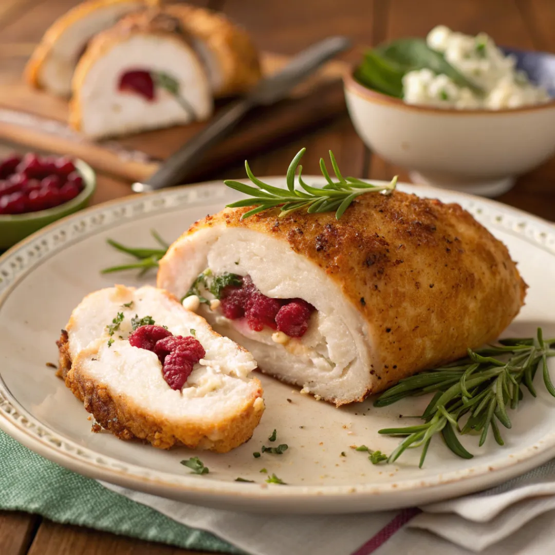 Stuffed Chicken Breast with Cranberries and Goat Cheese 5 Golden brown stuffed chicken breast sliced to reveal cranberry and goat cheese filling