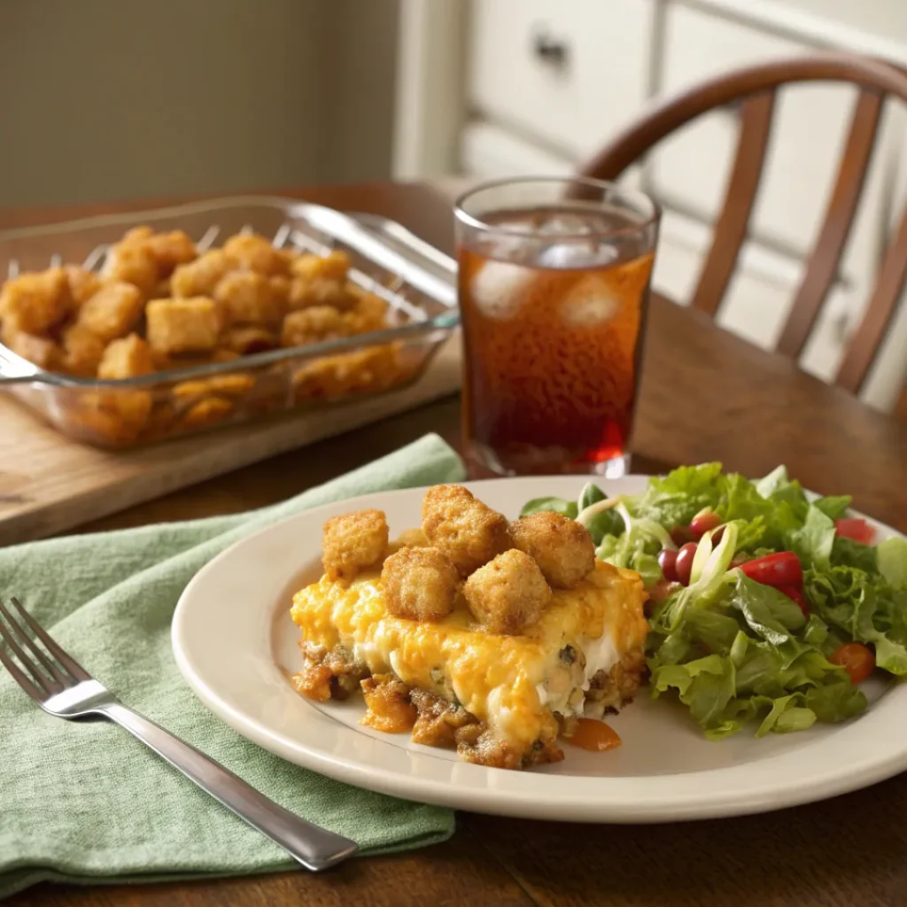 Tater Tot Casserole – Comfort Food Classic 8 Tater tot casserole served with a green salad and iced tea.