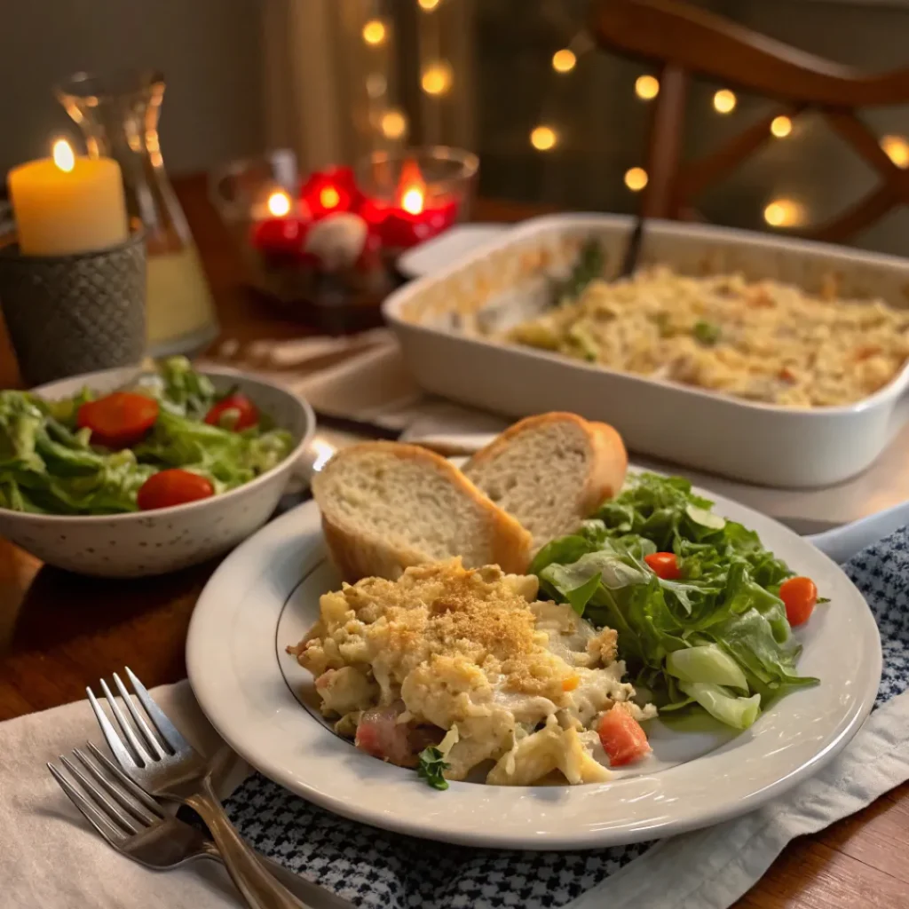 Cheesy Tuna Casserole – Easy Comfort Food 8 Serving of tuna casserole with salad and bread on a plate