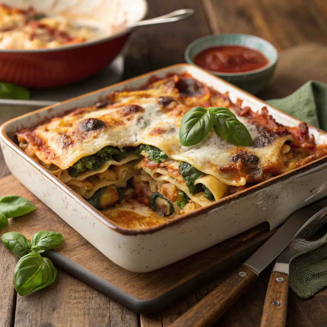 Baked vegetable lasagna with golden melted cheese on top