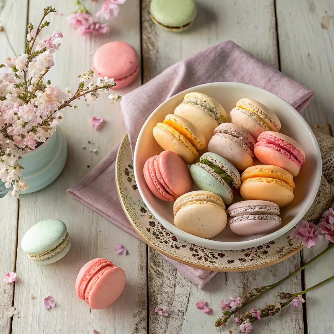 Homemade Macarons - Perfectly Light and Crispy French Treats 5 Flat lay of macaron ingredients including almond flour, sugar, egg whites, and food coloring