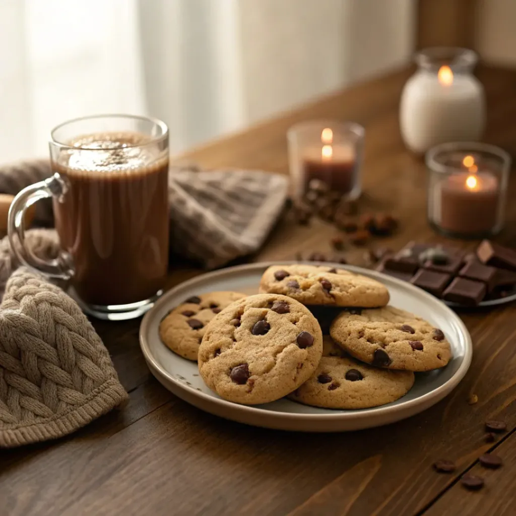 Warm chocolate chip cookies served with a glass of milk
