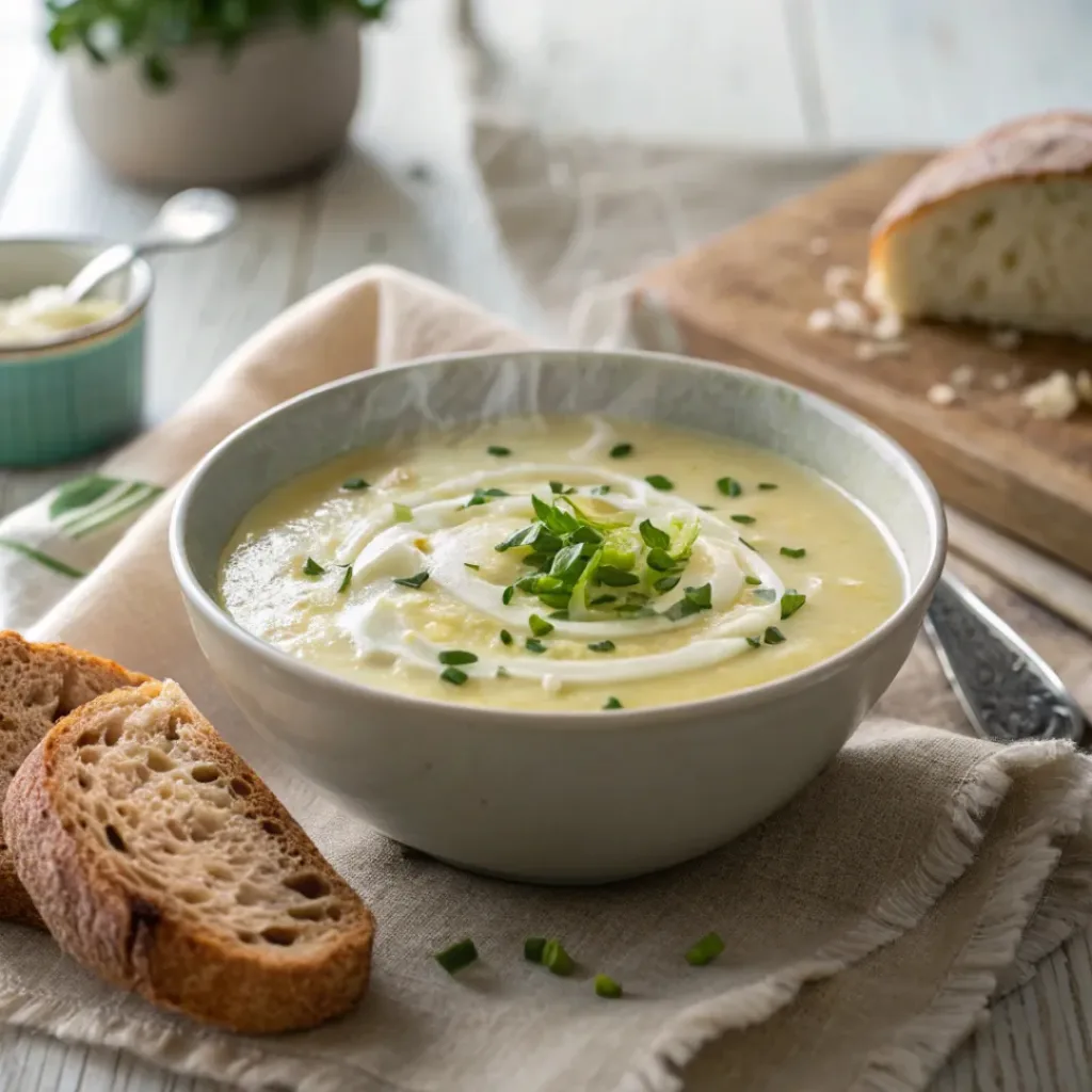 Creamy Potato Leek Soup 5 Bowl of creamy potato leek soup with chives and bread
