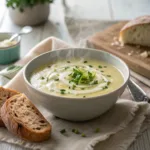 Bowl of creamy potato leek soup with chives and bread
