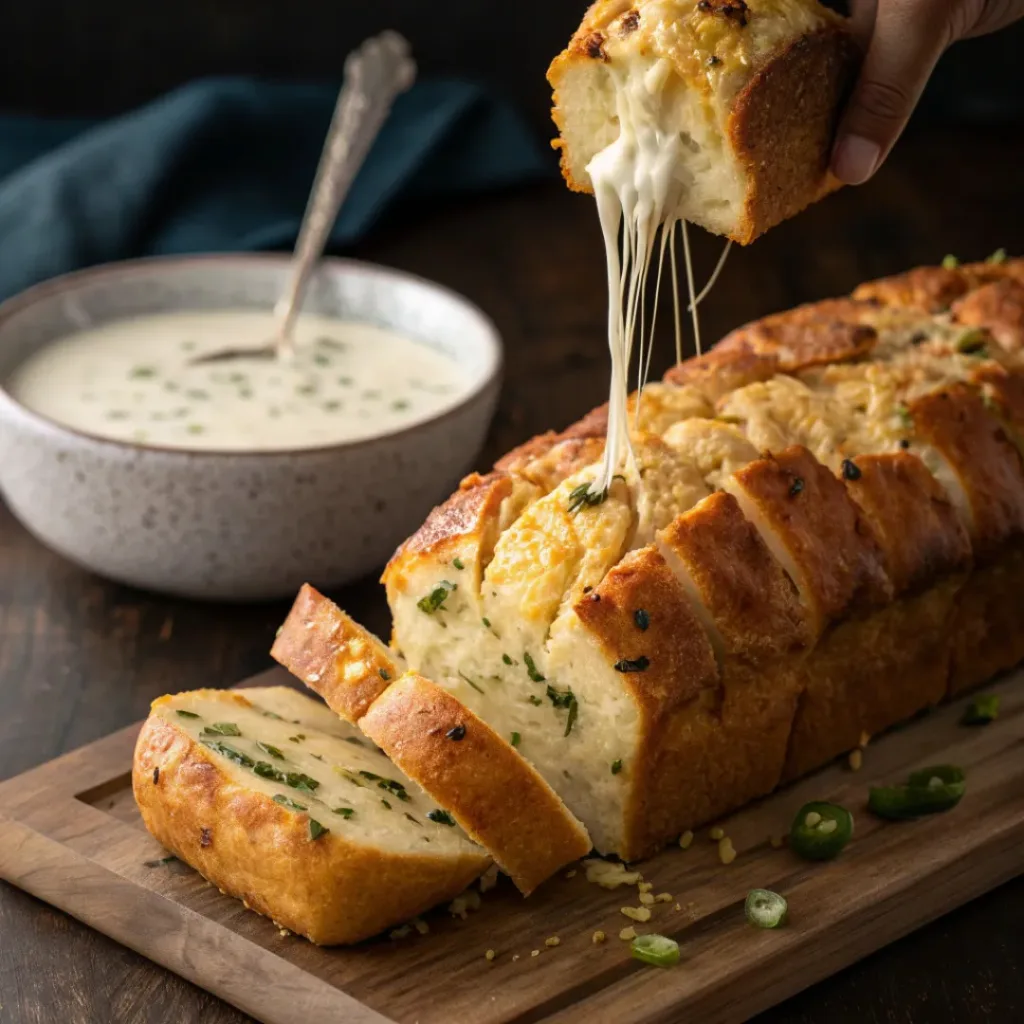 Jalapeño cheddar pull-apart bread served with dipping sauce