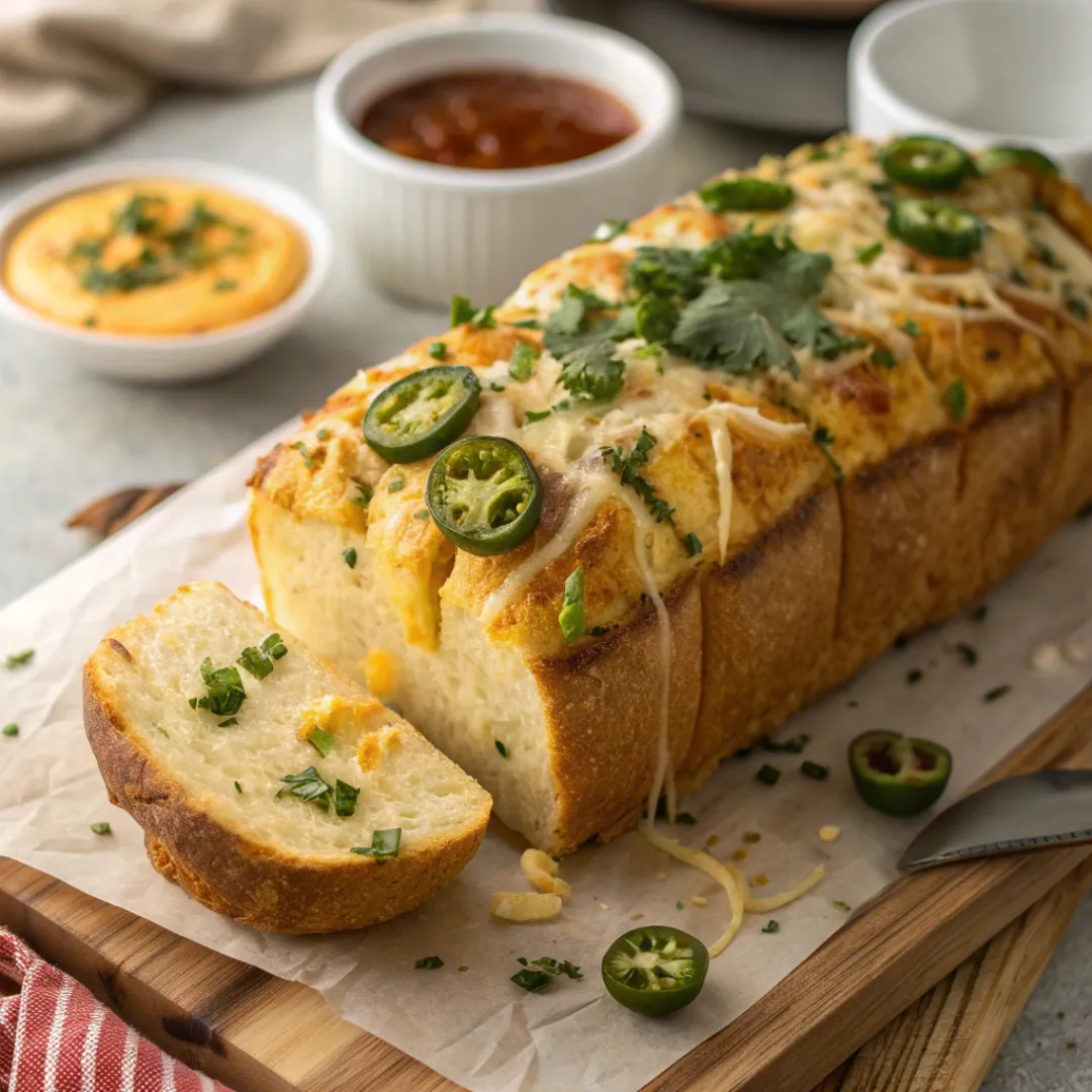 Cheesy jalapeño cheddar pull-apart bread with melted cheese
