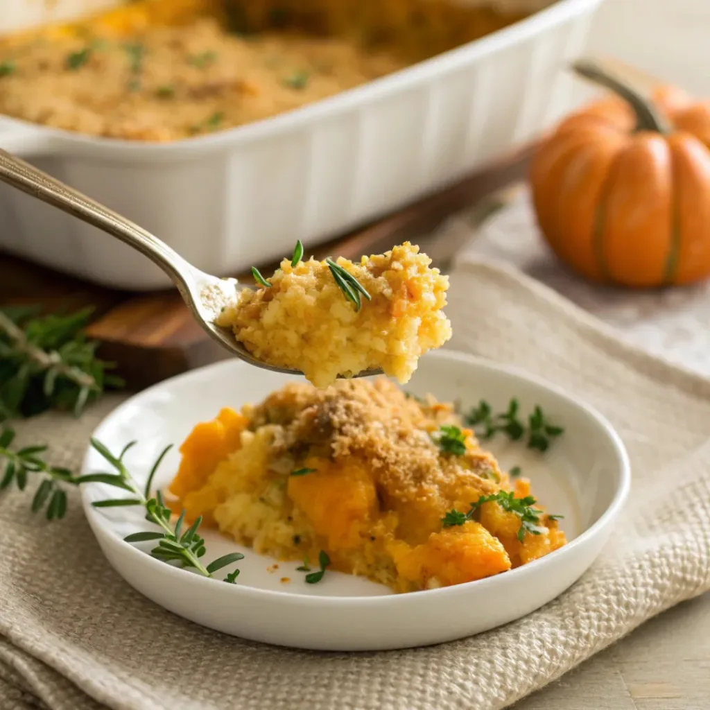 Creamy Butternut Squash Casserole 8 Serving of cheesy butternut squash casserole on a plate