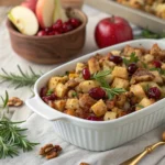 Baked stuffing with apples, cranberries, and walnuts in a dish