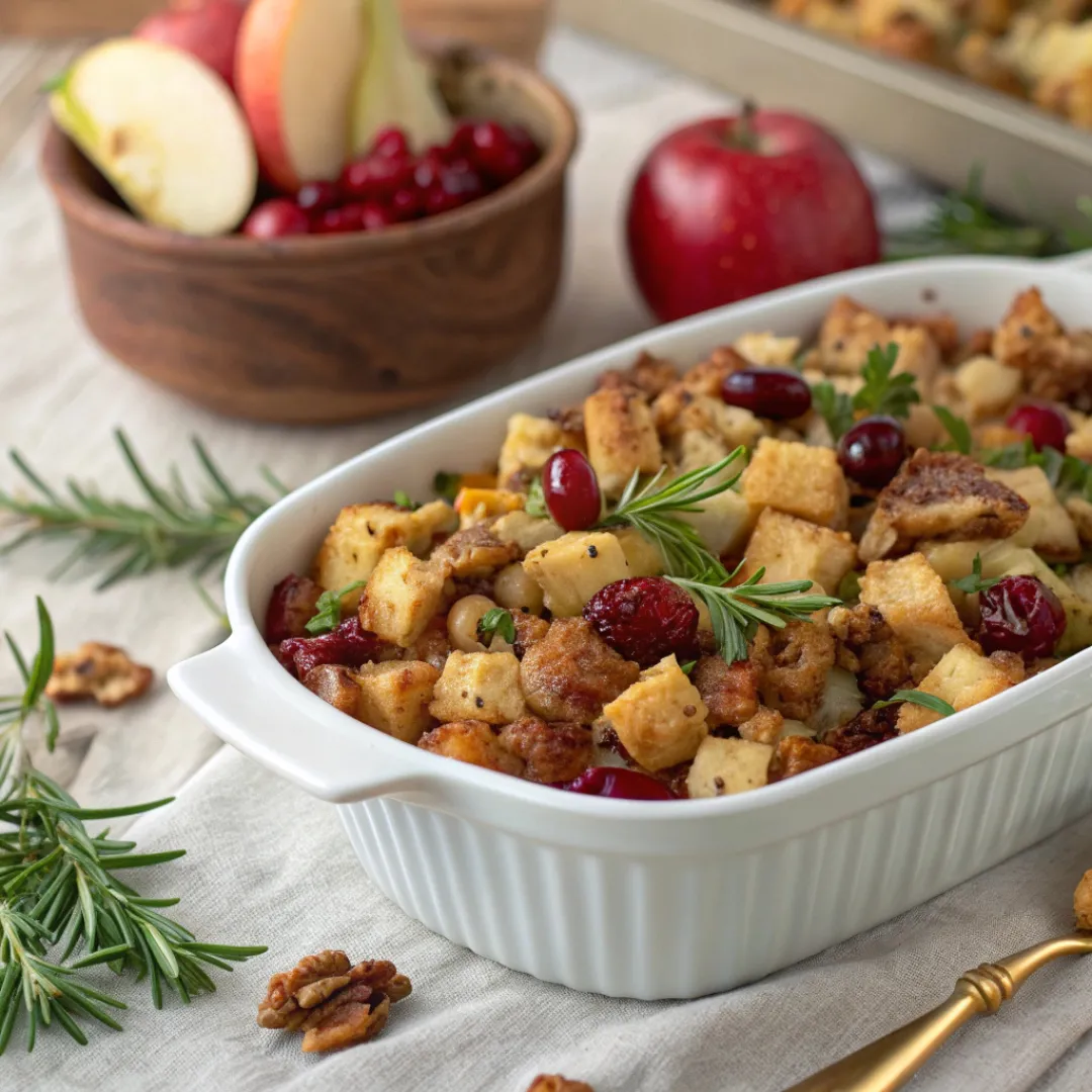 Baked stuffing with apples, cranberries, and walnuts in a dish