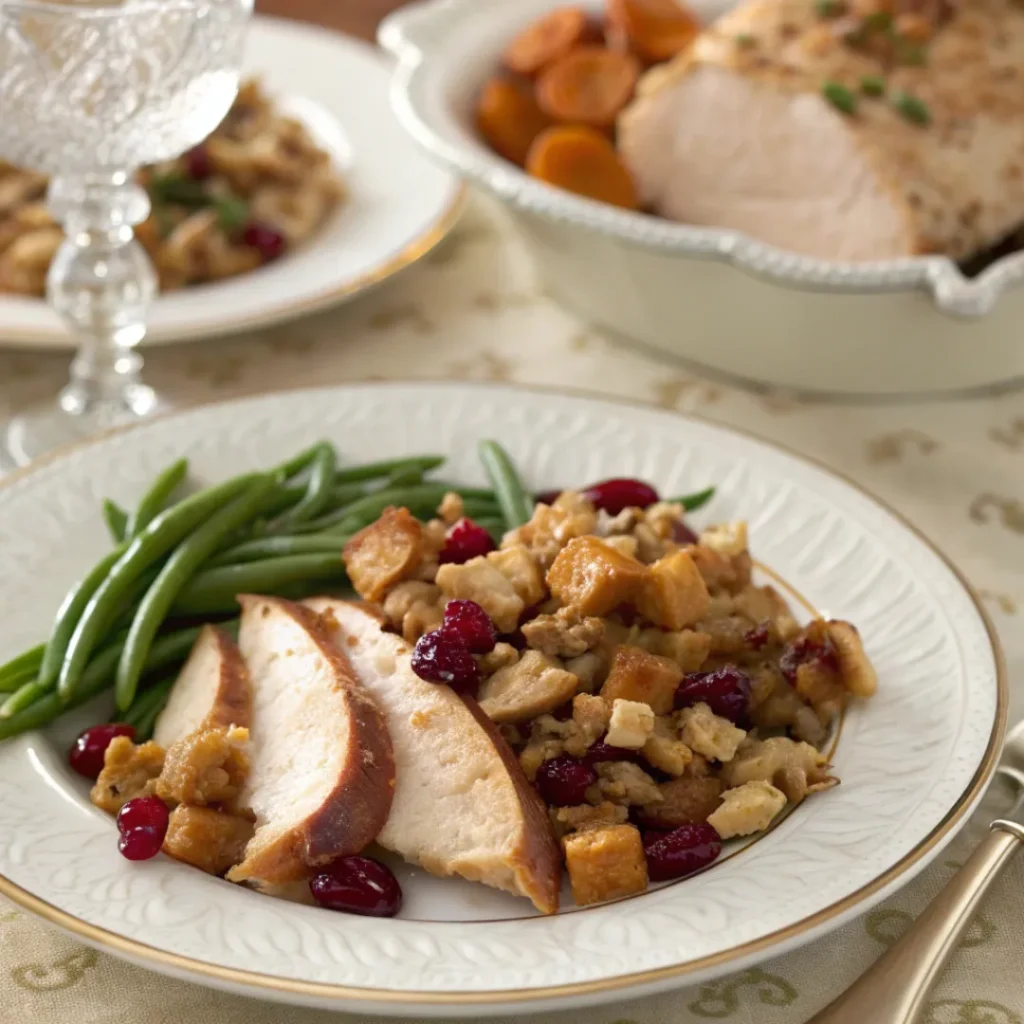 Stuffing with apples, cranberries, and walnuts plus turkey and veggies