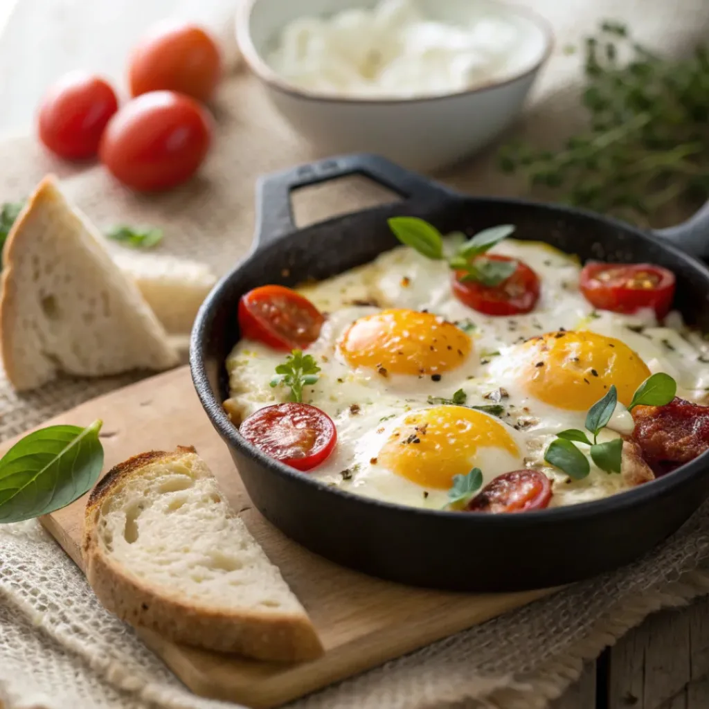 Baked feta eggs in skillet with tomatoes and herbs