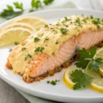 baked salmon with golden mayonnaise crust and lemon garnish