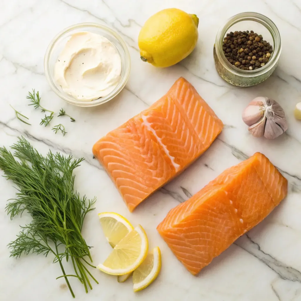 Overhead view of fresh ingredients for baked salmon with mayonnaise