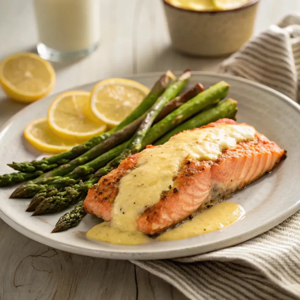 Baked salmon with mayonnaise served with roasted asparagus and lemon wedges