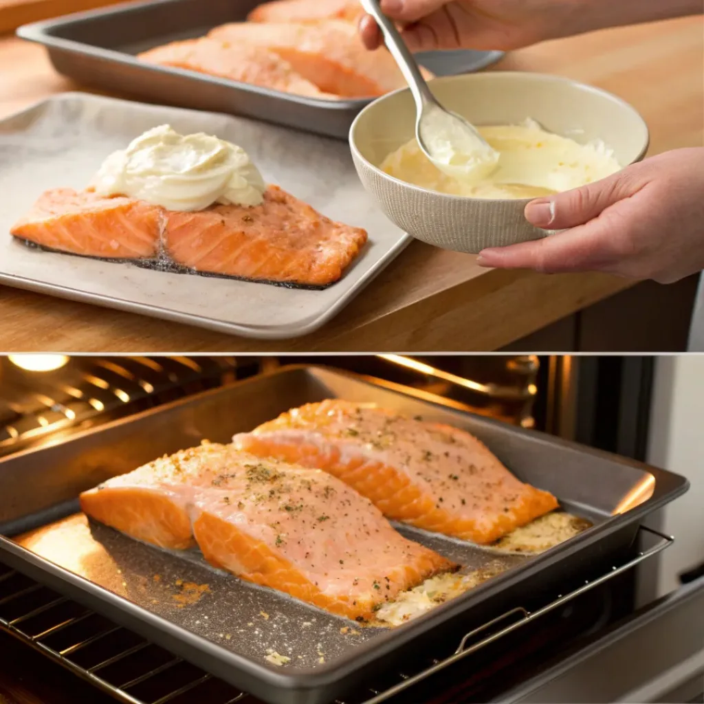 Step-by-step collage of preparing baked salmon with mayonnaise