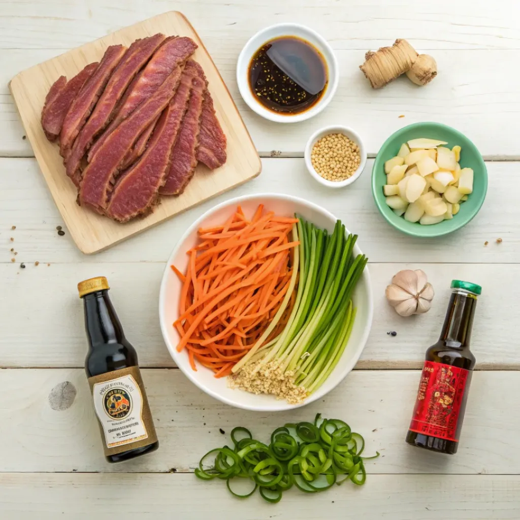 Homemade Beef Lo Mein – Tender Noodles and Savory Sauce 6 Flat lay of fresh ingredients for beef lo mein