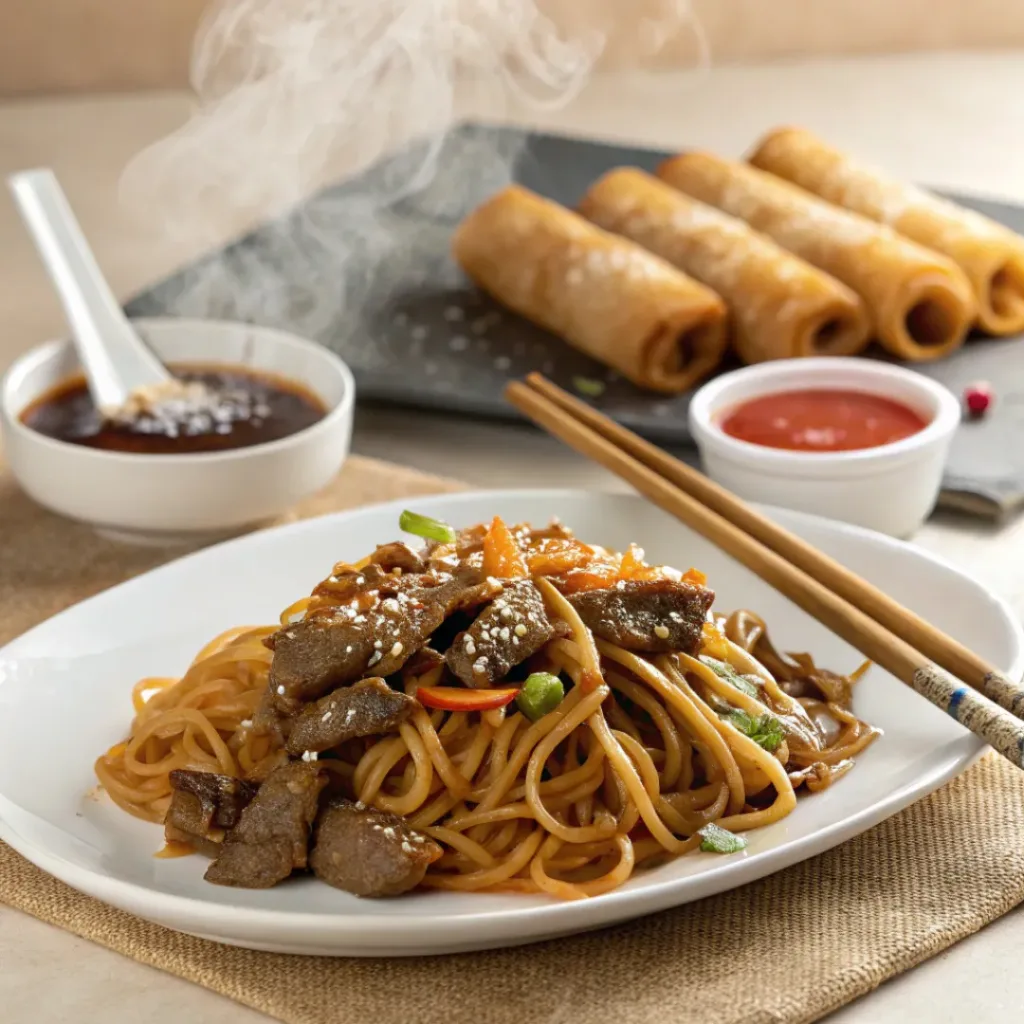 Homemade Beef Lo Mein – Tender Noodles and Savory Sauce 8 Beef Lo Mein with Spring Roll Pairing