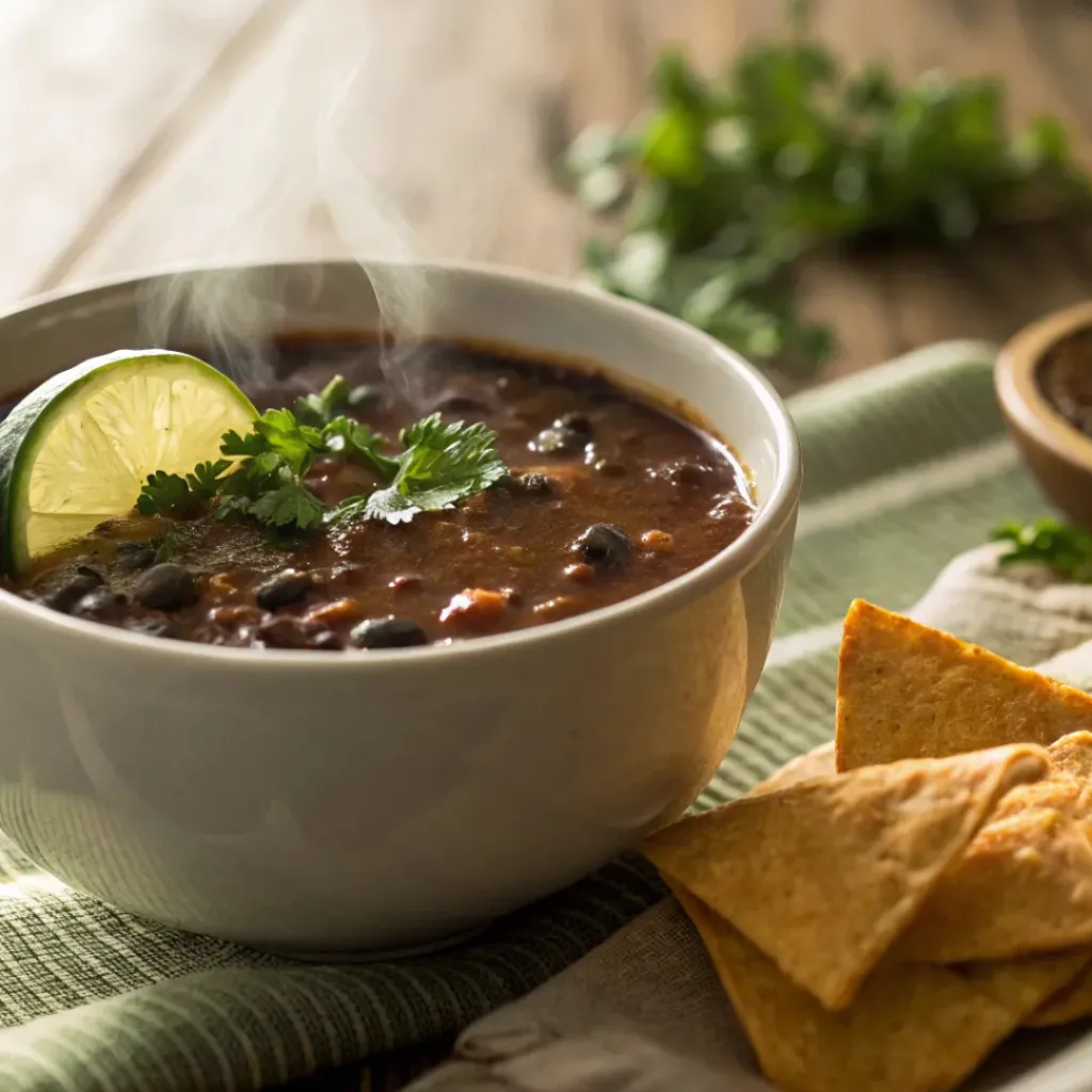 Easy Black Bean Soup – Healthy, Hearty, and Quick 8 Black bean soup served with tortilla chips and lime