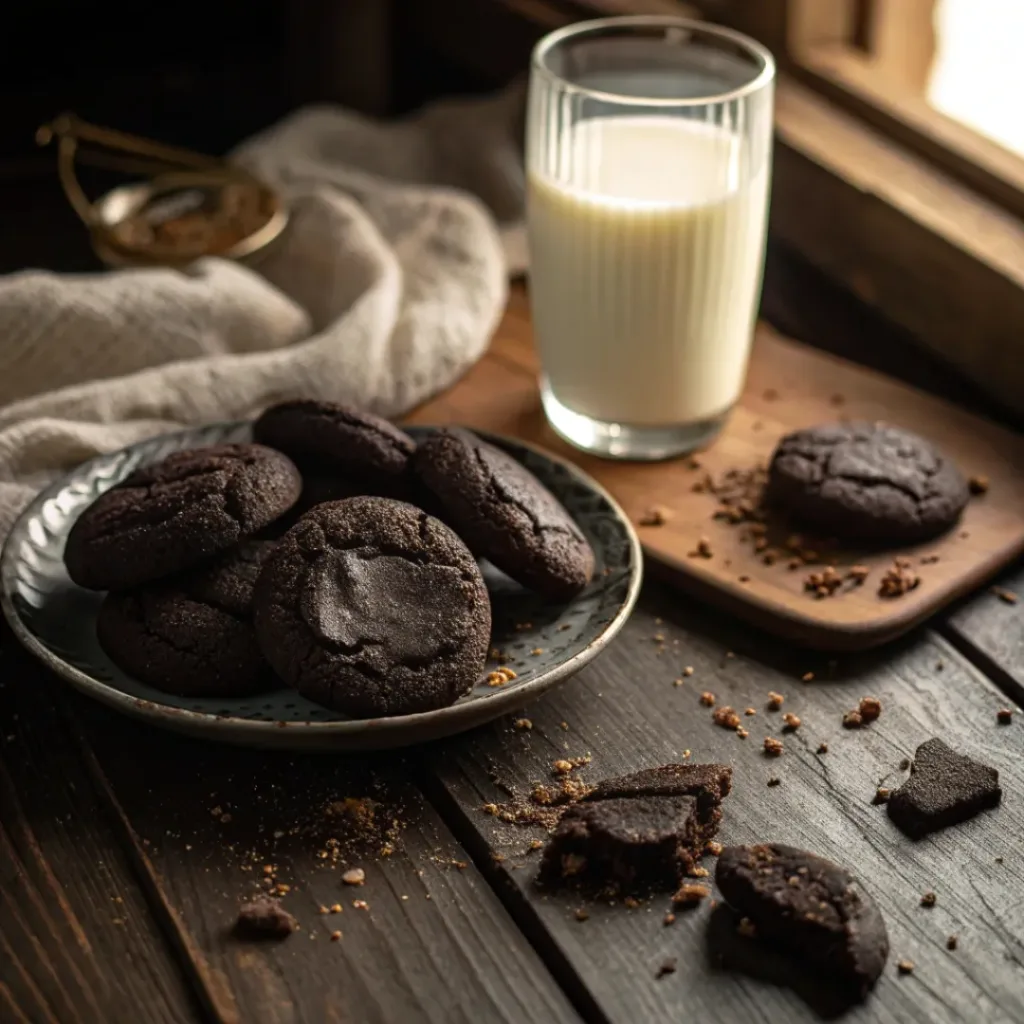 Soft and Chewy Black Cocoa Cookies 8 Black cocoa cookies served with a glass of milk