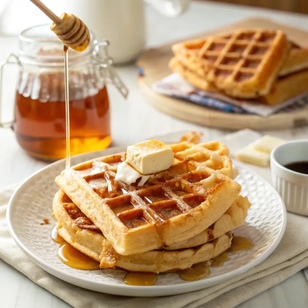 Golden buttermilk waffles with butter and syrup