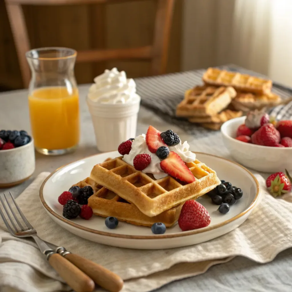 Easy Homemade Buttermilk Waffles 8 Buttermilk Waffles served with berries and orange juice