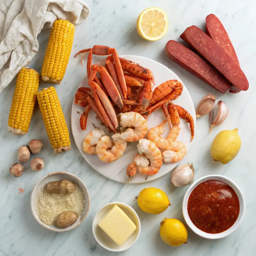 Cajun Seafood Boil – Flavor-Packed Coastal Feast 6 Flat lay of seafood boil ingredients including shrimp, crab, corn, and spices