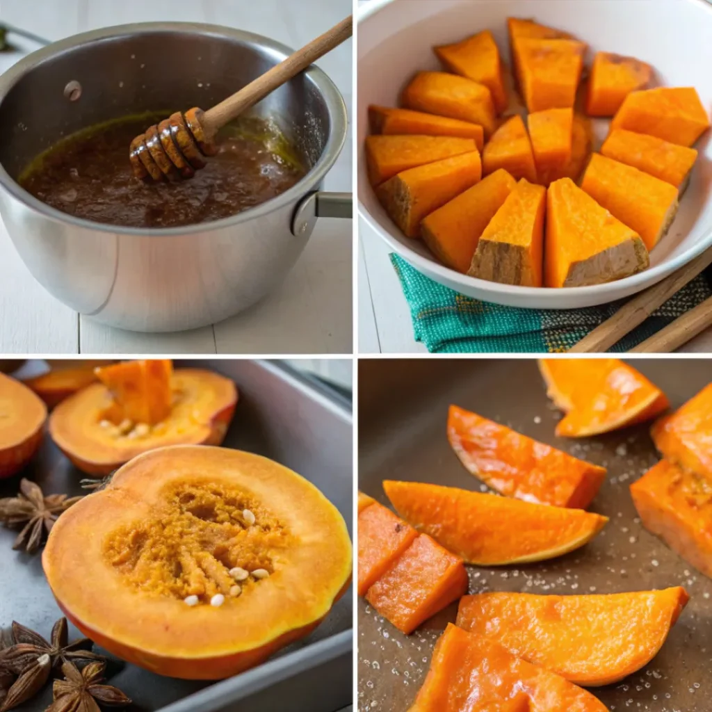 Collage showing preparation, simmering, and drying of candied pumpkin