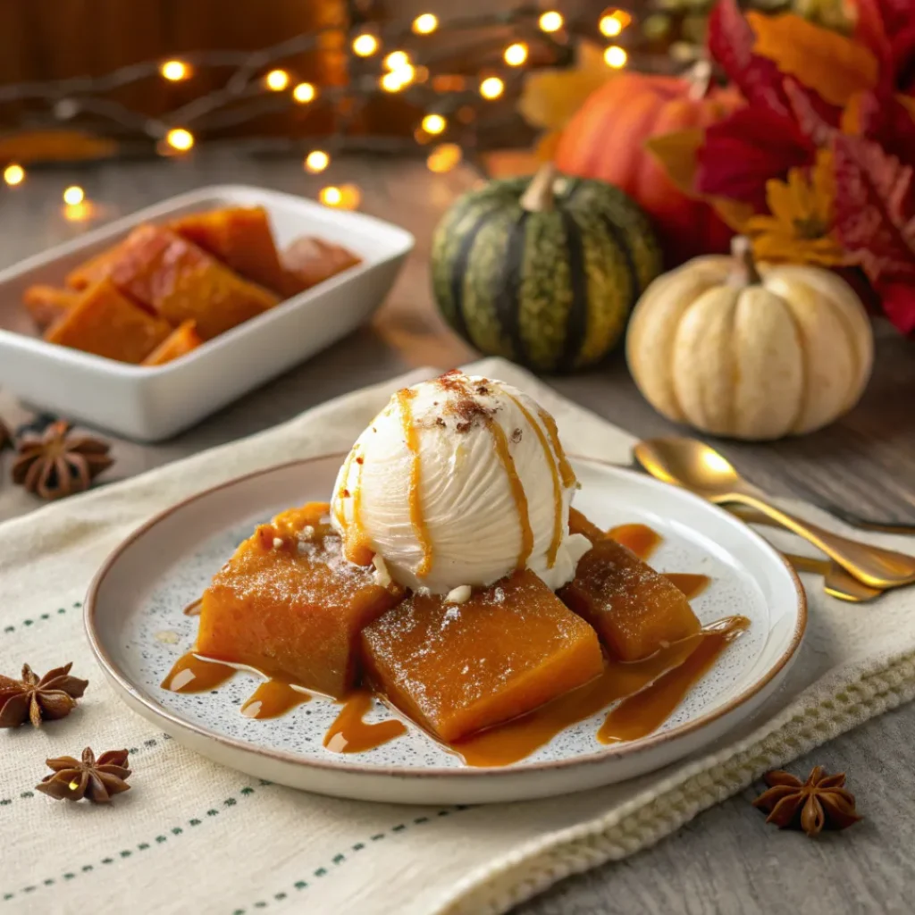 Candied pumpkin slices served with vanilla ice cream and caramel drizzle