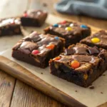 Gooey chocolate brownies topped with candy bar pieces