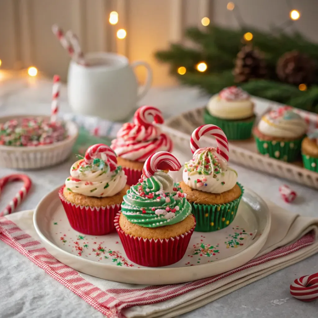 Festive Candy Cane Cupcakes arranged on a plate
