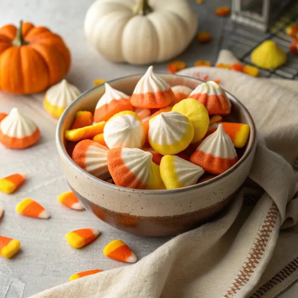 Easy Candy Corn Meringues for Fall Parties 8 Candy Corn Meringue cookies in a bowl with fall decor