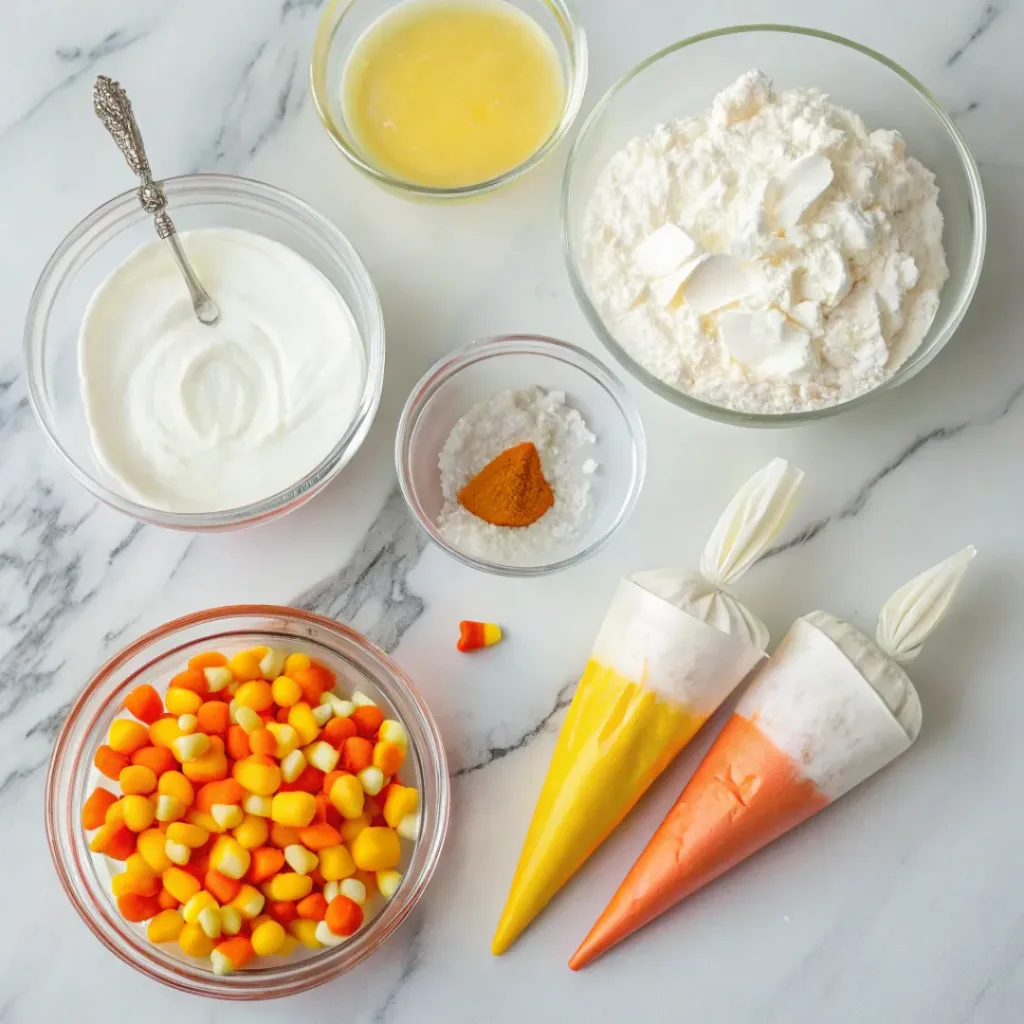 Easy Candy Corn Meringues for Fall Parties 6 Flat lay of ingredients for Candy Corn Meringue
