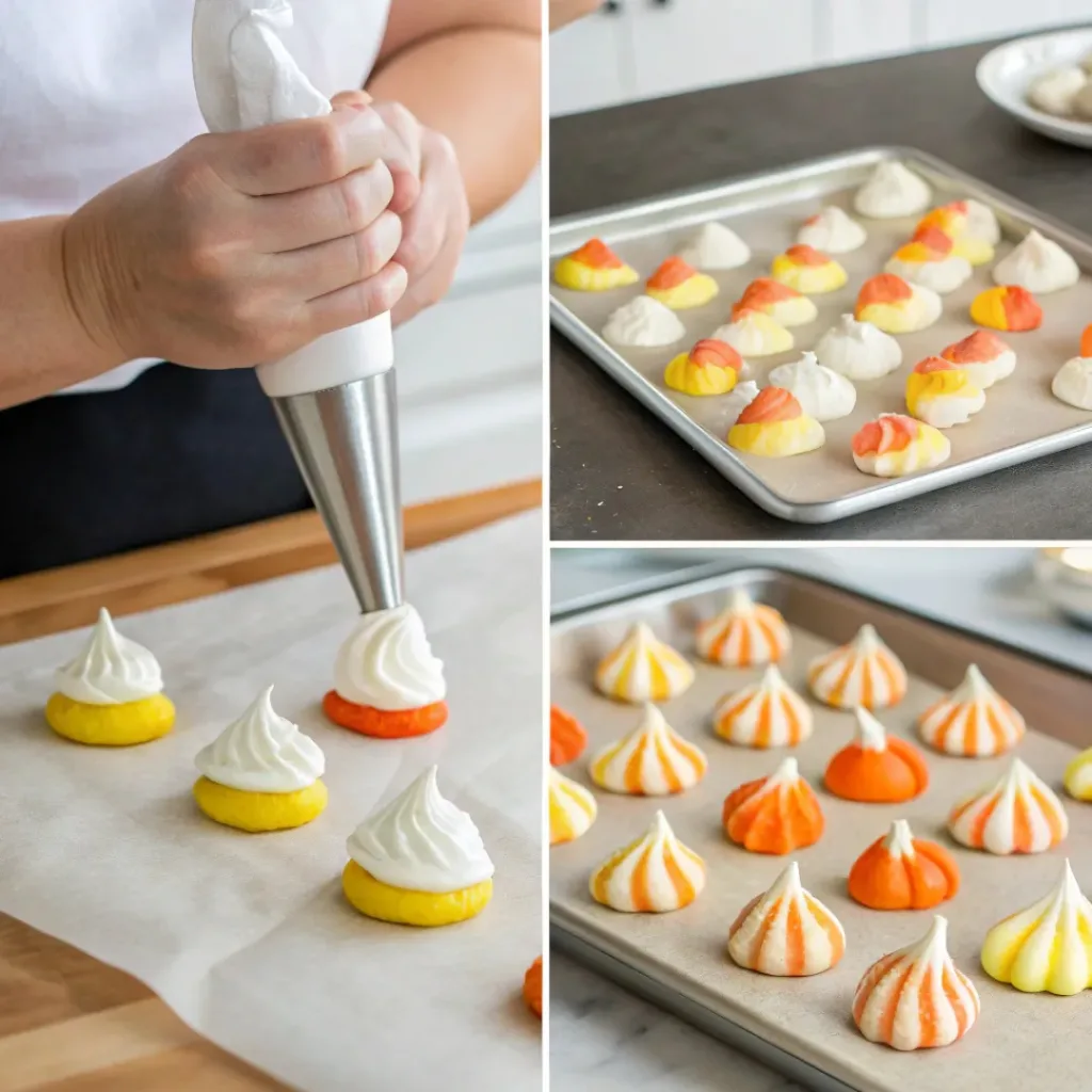 Easy Candy Corn Meringues for Fall Parties 7 Step-by-step collage for making Candy Corn Meringue cookies