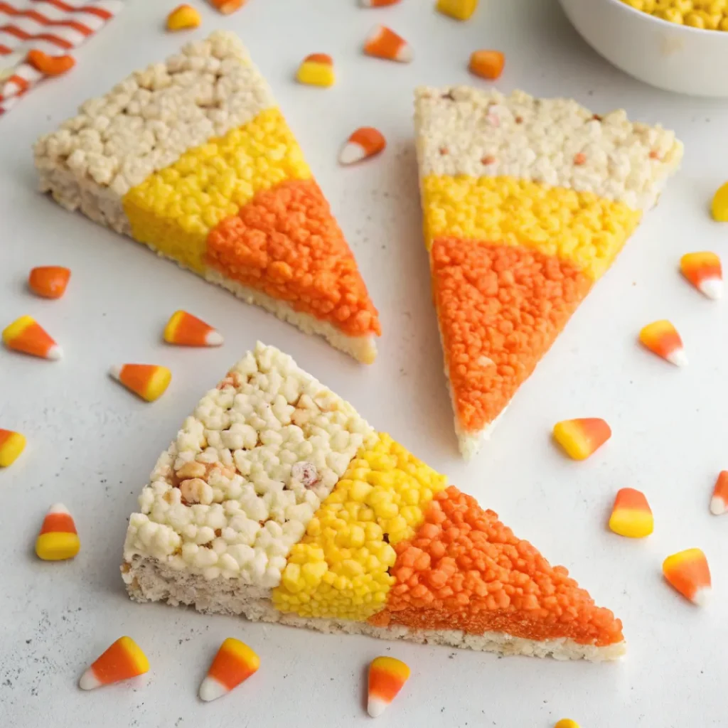 stacked candy corn rice krispies treats on a white plate