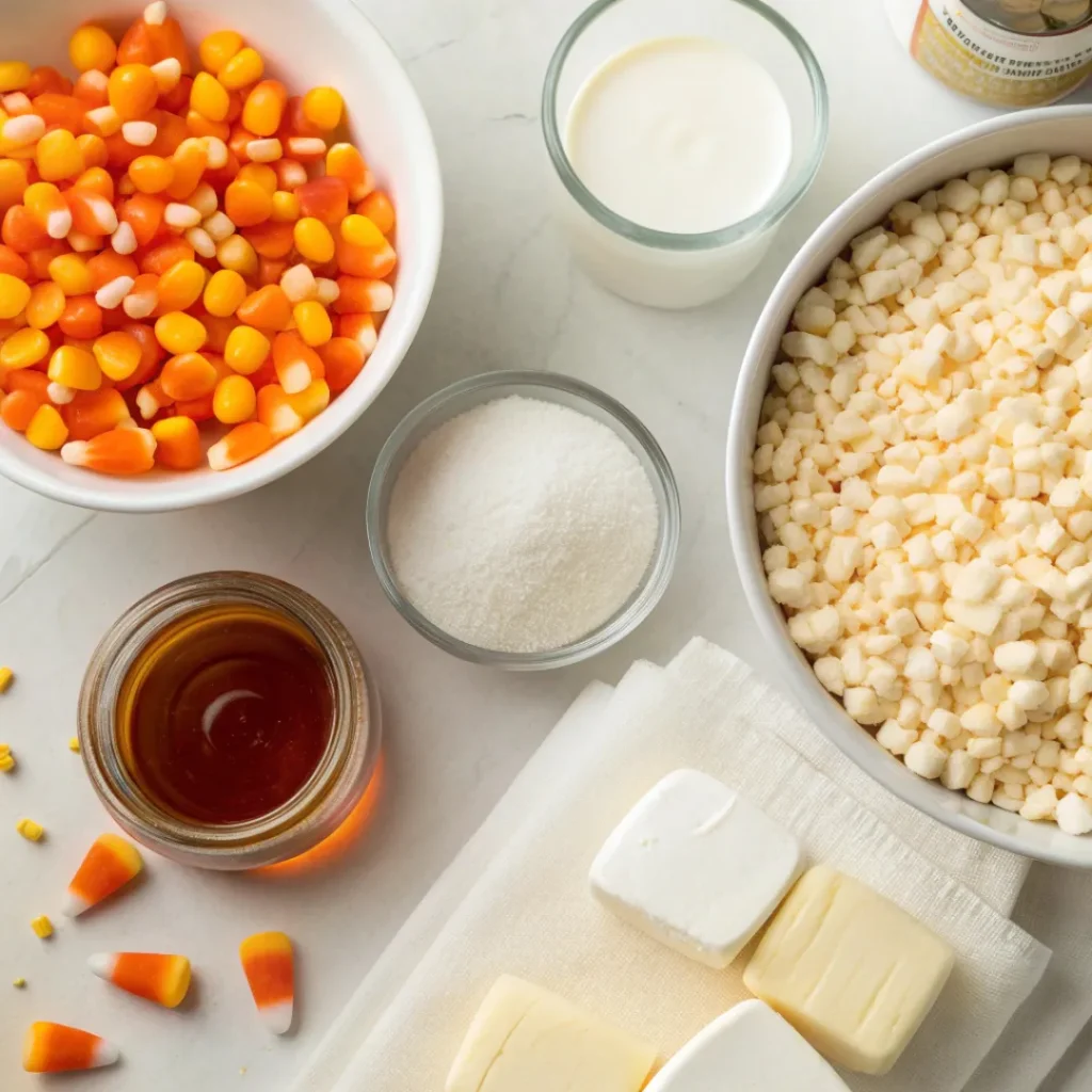 Overhead view of ingredients for candy corn rice krispies arranged neatly