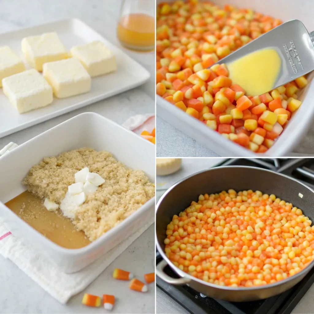 Overhead view of ingredients for candy corn rice krispies arranged neatly