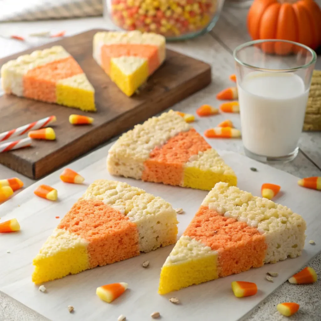 Candy corn rice krispies served with milk